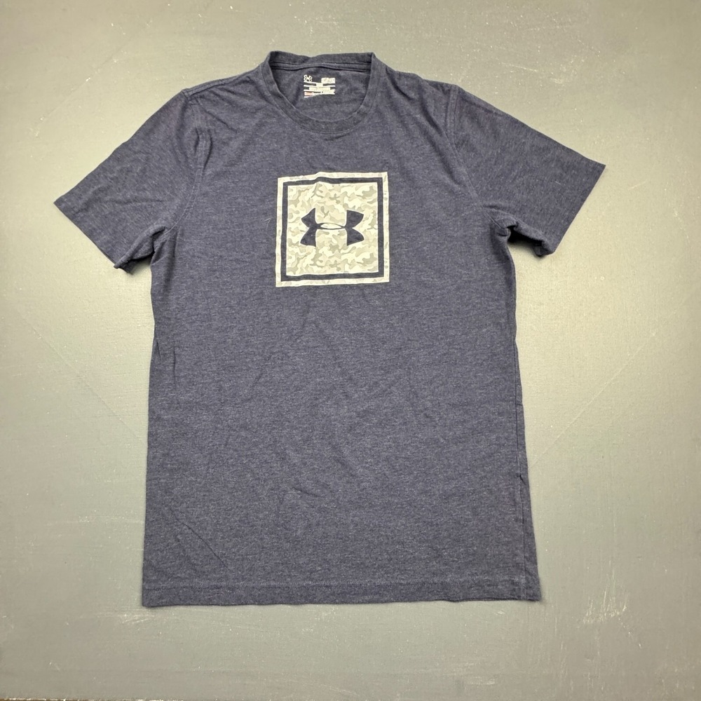 Under Armour Mens S Blue Gray Camo HeatGear T-Shirt Logo Loose Fit Athletic Wear
